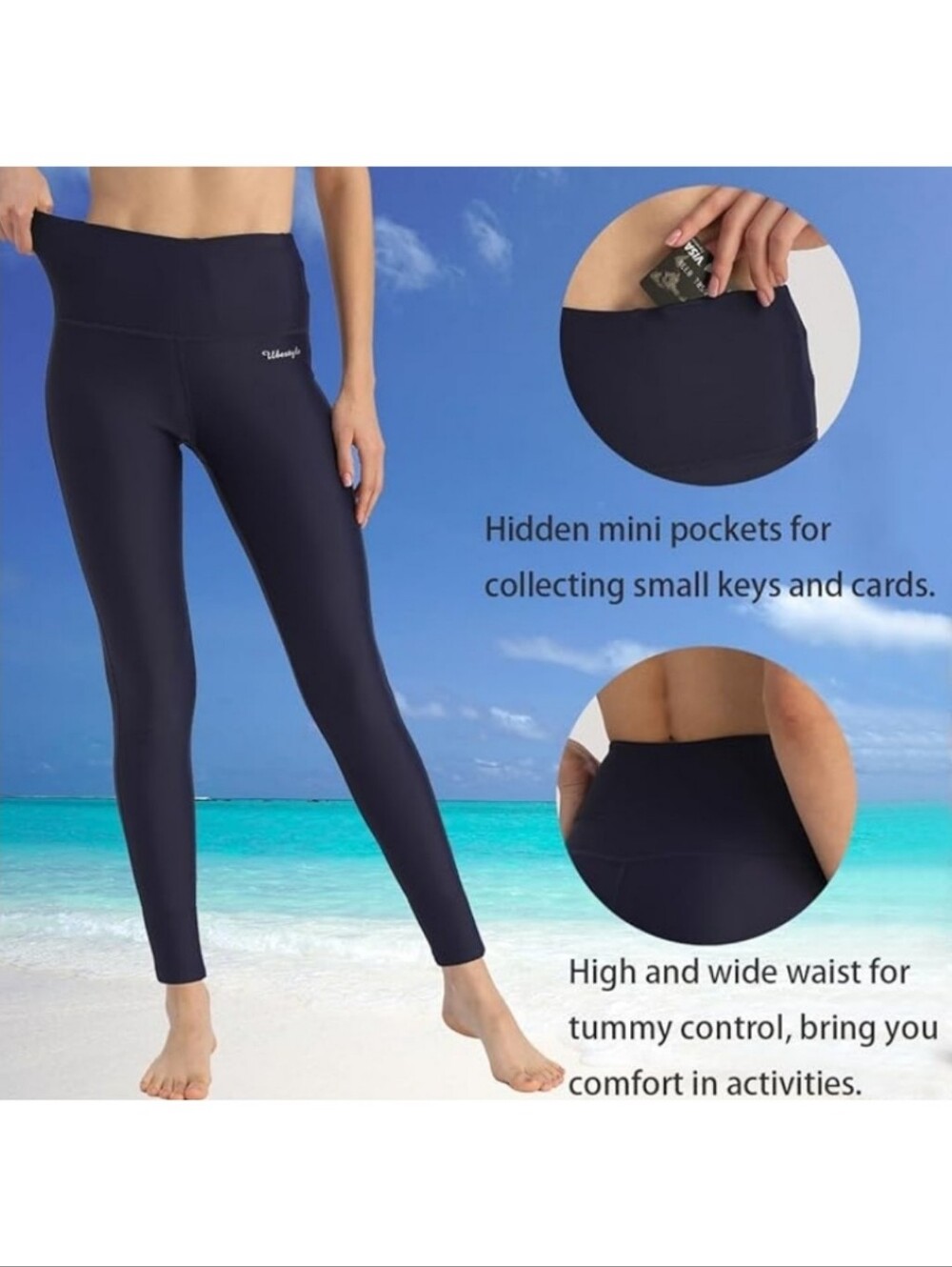 UBESTYLE Women's UPF 50+  High-Waisted Swim Pants/Rash Guard in Navy - Picture 2 of 12